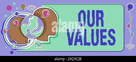 Affiche affichant nos valeurs. Aperçu de l'entreprise liste des mœurs entreprises ou individus s'engagent aux faire plusieurs chefs Contected montrant World Globe nouvelles idées technologiques. Banque D'Images