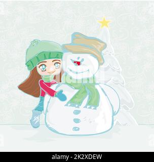 Petite fille et le Snowman card Banque D'Images