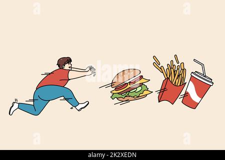 Gros gars courant après la restauration rapide Banque D'Images