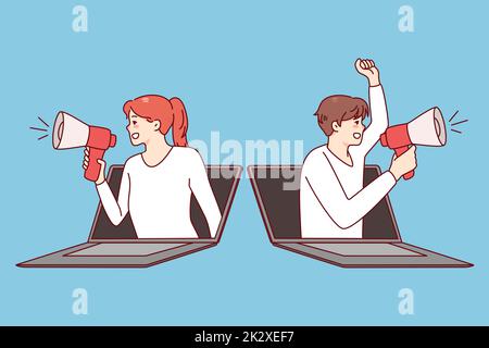 Les gens avec des haut-parleurs crient de mégaphones Banque D'Images