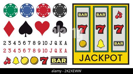 Grand CASINO ensemble avec des éléments de poker, machines à sous, dés sur un fond blanc - Vector Banque D'Images