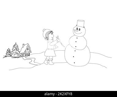 Petite fille et le Snowman Banque D'Images