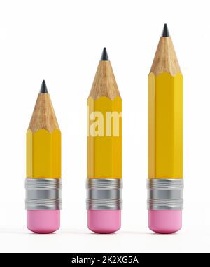 Crayons en bois courts en ligne montante isolés sur fond blanc. 3D illustration Banque D'Images