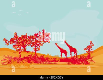 Grunge background avec girafe silhouette sur la faune et la flore africaine Banque D'Images