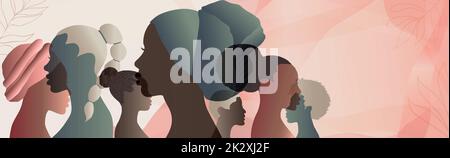 Profil silhouette groupe de femmes et de filles afro-américaines ou africaines. Têtes et visages de femmes noires. Communauté sociale féminine. Égalité raciale Illustration de Vecteur