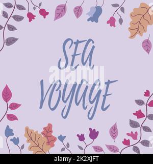 Légende conceptuelle Sea Voyage. Vitrine d'affaires en bateau à travers les océans habituellement pour les pays de la côte cadre décoré avec des fleurs colorées et le feuillage arrangé harmonieusement. Banque D'Images