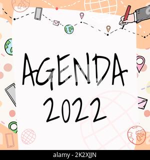 Affiche présentant Agenda 2022. Liste d'activités de présentation commerciale afin qu'elles soient prises en charge Tableau blanc Uni avec dessin à la main ligne de guide pour les marches du monde entier. Banque D'Images