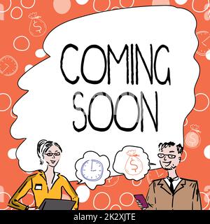 Présentation conceptuelle bientôt disponible. Présentation commerciale quelque chose va se produire en très peu de temps de la période les membres de l'équipe regardent le remue-méninges de Whiteboard de nouvelles solutions. Banque D'Images