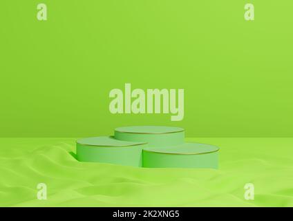 Lumineux, vert néon 3D rendu minimum produit afficher trois cylindres de luxe podiums ou supports, sur le tissu ondulé produit photographie arrière-plan appart composition avec des lignes dorées cosmétique Banque D'Images