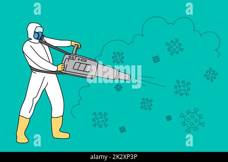 Homme travailleur en uniforme désinfectez l'environnement Banque D'Images