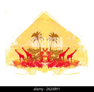 Grunge background avec girafe silhouette sur la faune et la flore africaine