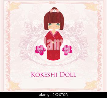 Poupée Kokeshi sur le fond rose avec ornement floral Banque D'Images