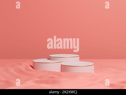 Lumineux, néon, rose saumon 3D rendant le produit minimal afficher trois podiums ou supports de bouteille de luxe, sur le tissu ondulé photographie de produit arrière-plan appart composition avec des lignes dorées cosmétiques Banque D'Images