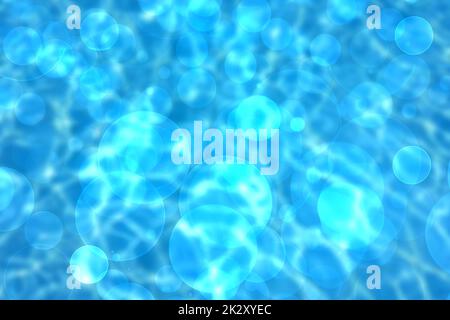 Illustration sous-marine abstraite. Joli abstrait dégradé bleu turquoise éclairant arrière-plan bokeh avec soleil et rayons et avec des cercles de bulles unterwater. Belle texture bleue avec espace. Banque D'Images