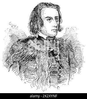 Portrait de Franz Liszt (jeunes années) - compositeur hongrois, pianiste virtuose, chef d'orchestre, professeur de musique, arrangeur et organiste de l'ère romantique. Illustration du 19e siècle. Arrière-plan blanc. Banque D'Images