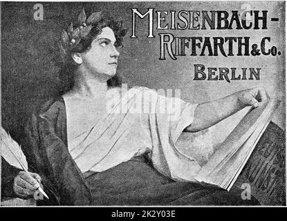 Affiche publicitaire de Meisenbach Riffarth & Co. Illustration du XIXe siècle. Allemagne. Arrière-plan blanc. Banque D'Images