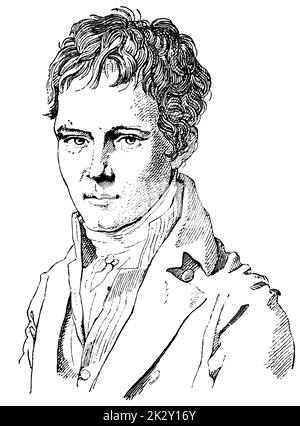 Portrait d'Alexander von Humboldt (jeunesse) - un savant allemand, géographe, naturaliste, explorateur et promoteur de la philosophie et de la science romantiques. Illustration du 19e siècle. Arrière-plan blanc. Banque D'Images