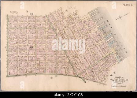 Cartographie, cartes. 1885. Lionel Pincus et Princess Firyal Map Division. Immobilier , New York (État) , New York, New York (N.Y.) Planche 5 : délimitée par Clinton Street, Madison Street, Jefferson Street, Cherry Street, Rutgers Slip, South Street (East River, Piers 32-44), James Slip, New Chambers Street, New Bowery Street, Bowery Street et Rivington Street. Fait partie des quartiers 4, 7, 10 et 13 de New York. Banque D'Images