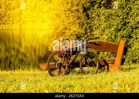 Vélo de sport appuyé contre un banc en bois au bord du lac Banque D'Images