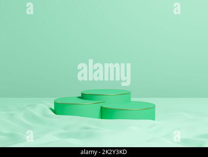 Vert turquoise clair 3D rendu minimum produit afficher trois cylindres de luxe podiums ou supports, sur le tissu ondulé produit photographie arrière-plan appart composition avec des lignes dorées cosmétique Banque D'Images