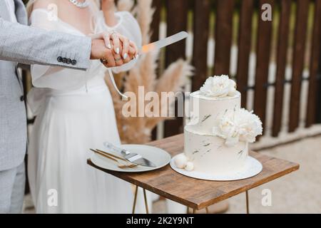 Mariage à l'extérieur, mariage avec mariage, coupe de gâteau de mariage élégant et marié. Mariage couple tenant couteau et coupant ensemble gâteau de mariage décoré avec flux Banque D'Images