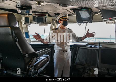 Busan, South Korea. 23rd Sep, 2022. A U.S. Navy officer stands in the control room of the USS Ronald Reagan aircraft carrier in Busan, South Korea on Friday, September 23, 2022. Photo by Thomas Maresca/UPI Credit: UPI/Alamy Live News Stock Photo