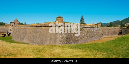 a view over the Citadel of Jaca, in Jaca, in the province of Huesca, Aragon, Spain, in a summer day, in a panoramic format to use as web banner or hea Stock Photo