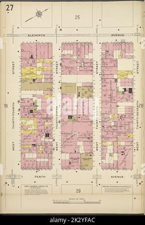 Cartographie, cartes. 1911. Lionel Pincus et Princess Firyal Map Division. Assurance incendie , New York (État), immobilier , New York (État), Villes et villages , New York (État) Manhattan, V. 5, plaque no 27 carte délimitée par 11th Ave., West 37th St., 10th Ave., West 34th St. Banque D'Images