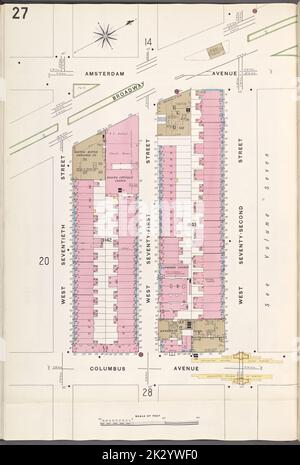 Cartographie, cartes. 1907. Lionel Pincus et Princess Firyal Map Division. Assurance incendie , New York (État), immobilier , New York (État), Villes et villages , New York (État) Manhattan, V. 6, plaque no 27 carte délimitée par Amsterdam Ave., W. 72nd St., Columbus Ave., W. 70th St. Banque D'Images