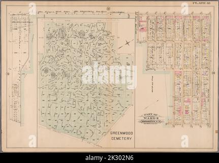 Cartographie, cartes. 1886. Lionel Pincus et Princess Firyal Map Division. Brooklyn (New York, N.Y.), immeuble , New York (État) , New York plaque 35 : délimitée par la Cinquième Avenue, Prospect Avenue, la neuvième Avenue, Gravesend Avenue, fort Hamilton Avenue et la trente-huitième rue. (Inclut le plan du cimetière de Greenwood.) Planche 35 : partie du quartier 8. Brooklyn, New York Banque D'Images