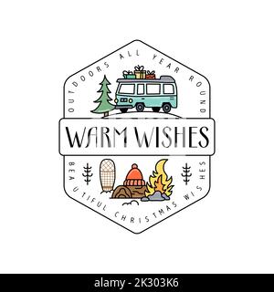 Motif badge de noël Camping avec bande-annonce RV en ligne style art coloré et citation - voeux chaleureux. Logos de voyage. Étiquette vecteur de stock Illustration de Vecteur