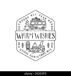 Motif badge de noël Camping avec bande-annonce RV en ligne monochrome style art et citation - voeux chaleureux. Logos de voyage. Étiquette vecteur de stock Illustration de Vecteur