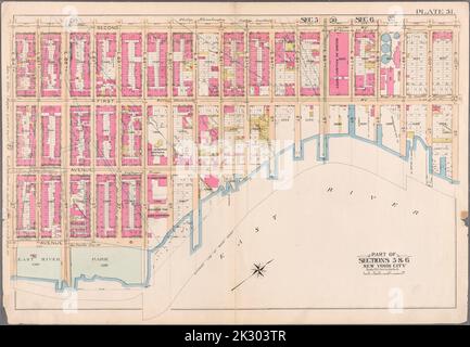 Cartographic, Maps. 1897. Lionel Pincus and Princess Firyal Map Division. Real property , New York (State) , New York, Manhattan (New York, N.Y.) Plate 31: Bounded by Second Avenue, E. 101st Street, East River, Avenue B and and E. 84th Street. Part of Sections 5 & 6: New York City. Stock Photo