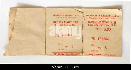 Old 1980s Chit ou billet repas pour repas ou repas depuis Turkish Ferry Banque D'Images