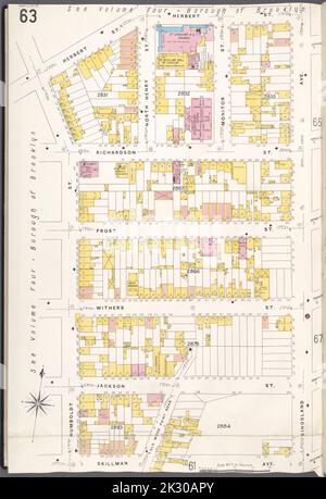 Cartographie, cartes. 1884 - 1936. Lionel Pincus et Princess Firyal Map Division. Assurance-incendie , New York (État), immobilier , New York (État), Villes et villages , New York (État) Brooklyn V. 9, plaque no 63 carte délimitée par Herbert St., Kingsland Ave., Skillman Ave., Humboldt St. Banque D'Images