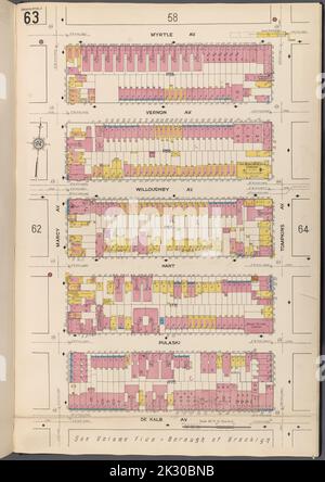 Cartographie, cartes. 1884 - 1936. Lionel Pincus et Princess Firyal Map Division. Assurance-incendie , New York (État), immobilier , New York (État), Villes et villages , New York (État) Brooklyn V. 3, plaque no 63 carte délimitée par Myrtle Ave., Tompkins Ave., de Kalb Ave., Marcy Ave Banque D'Images