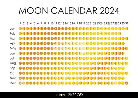 2024 Calendrier de la Lune. Conception de calendrier astrologique. planificateur. Placez les autocollants. Maquette du planificateur de cycle mensuel. Arrière-plan noir et blanc isolé Illustration de Vecteur