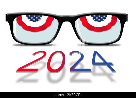 Des banderoles rouges, blanches et bleues sont visibles dans les montures de lunettes et ressemblent à des yeux dans une illustration de 3 jours sur le fait de garder les yeux sur les campagnes électorales de 2024. Banque D'Images