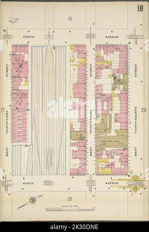 Cartographie, cartes. 1911. Lionel Pincus et Princess Firyal Map Division. Assurance incendie , New York (État), immobilier , New York (État), Villes et villages , New York (État) Manhattan, V. 5, plaque no 18 carte délimitée par 10th Ave., West 34th St., 9th Ave., West 31st St. Banque D'Images