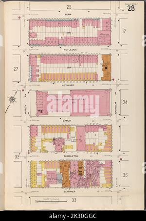 Cartographic, Maps. 1884 - 1936. Lionel Pincus and Princess Firyal Map Division. Fire insurance , New York (State), Real property , New York (State), Cities & towns , New York (State) Brooklyn V. 3, Plate No. 28 Map bounded by Penn, Harrison Ave., Lorimer, Marcy Ave. Stock Photo