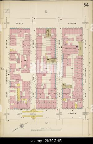 Cartographie, cartes. 1911. Lionel Pincus et Princess Firyal Map Division. Assurance incendie , New York (État), immobilier , New York (État), Villes et villages , New York (État) Manhattan, V. 5, plaque no 54 carte délimitée par 10th Ave., West 52nd St., 9th Ave., West 49th St. Banque D'Images