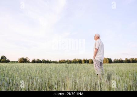 Farmer with hands in pockets standing on cornfield Stock Photo