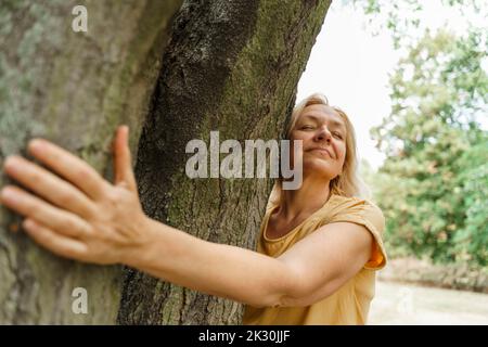 Femme mûre souriante embrassant l'arbre au parc Banque D'Images