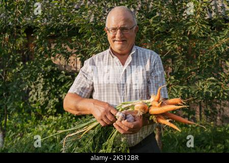 Homme âgé souriant avec des carottes et des oignons debout devant les plantes Banque D'Images