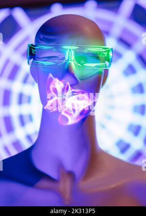 Image générée numériquement d'un robot portant des lunettes futuristes avec un hologramme au-dessus du visage Banque D'Images