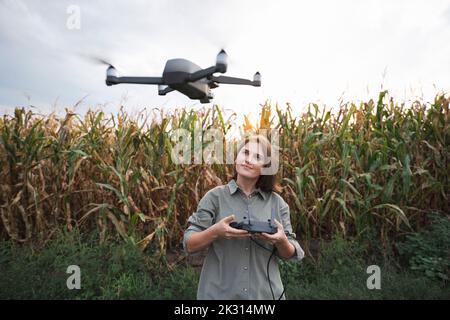 Femme avec télécommande utilisant drone dans le champ de maïs Banque D'Images