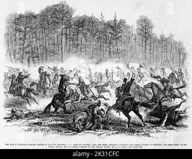 La guerre en Virginie - charge galante du régiment 6th, cavalerie régulière des États-Unis, sur la cavalerie de Rebel Stewart - les rebelles se dispersent dans la confusion, et cherchent la sécurité dans les bois, 9 mai 1862. Slatersville, Virginie. Illustration de la guerre de Sécession américaine du 19th siècle tirée du journal illustré de Frank Leslie Banque D'Images