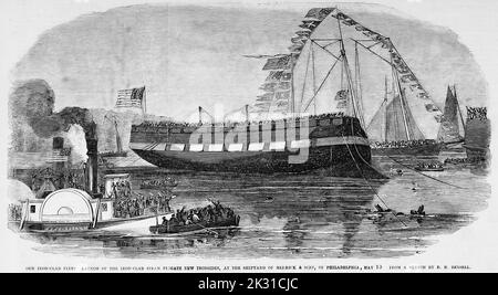 Notre flotte de fer à repasser - lancement de la frégate à vapeur de fer à repasser New Ironsides, au chantier naval de Merrick and Sons, de Philadelphie, Pennsylvanie, 10 mai 1862. Illustration de la guerre de Sécession américaine du 19th siècle tirée du journal illustré de Frank Leslie Banque D'Images