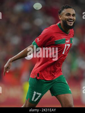 Barcelone, Espagne. 23rd septembre 2022. Sofiane Boufal du Maroc fête ses célébrations après avoir obtenu le score 1-0 lors du match international entre le Maroc et le Chili qui s'est joué au stade RCDE sur 23 septembre 2022 à Barcelone, Espagne. (Photo de Bagu Blanco / PRESSIN) Credit: PRESSINPHOTO SPORTS AGENCY/Alay Live News Banque D'Images