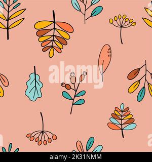 Feuilles d'automne colorées sur fond orange sans couture. Bonjour, automne. Pour le textile, l'arrière-plan ou l'économiseur d'écran. Illustration vectorielle de style doodle Illustration de Vecteur